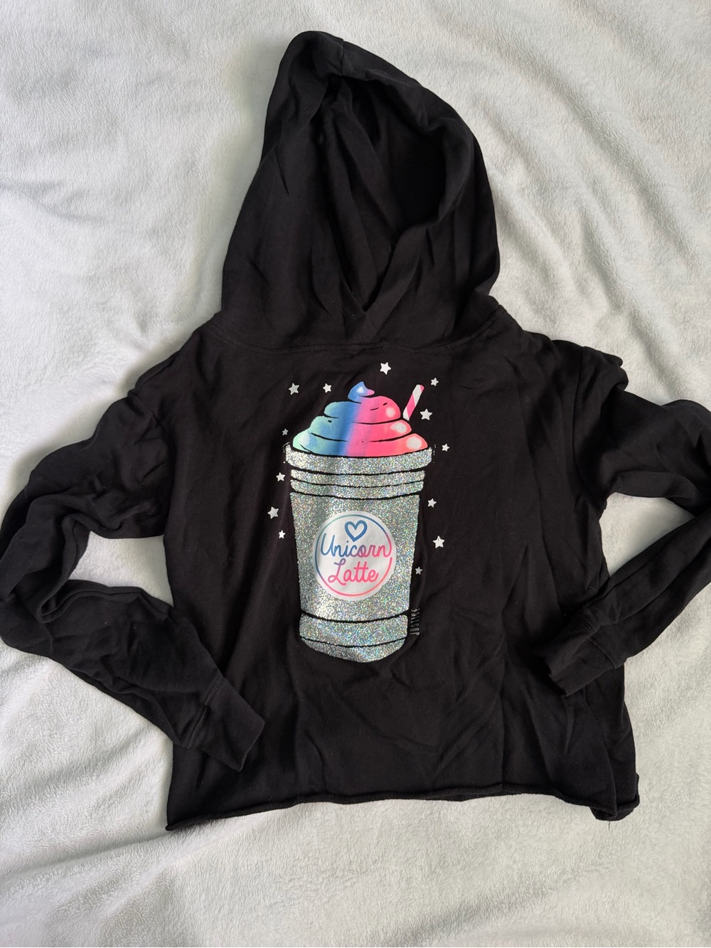 Justice Black Hoodie with Glitter 'Unicorn Latte' Graphic